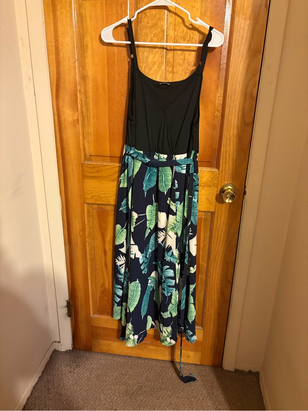Bloomchic Black Tank Top with Navy Tropical Leaf Skirt Dress